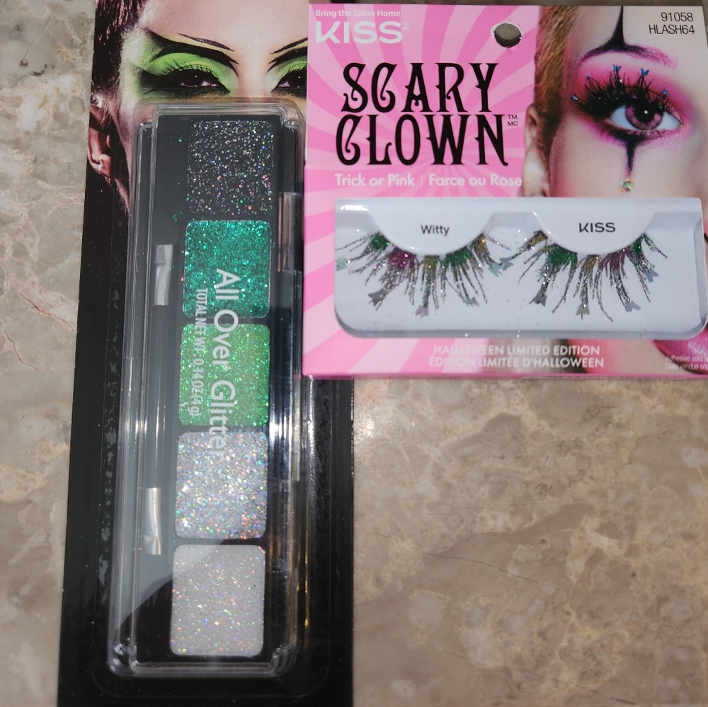Halloween Glitter Makeup Set With Glitter Clown Eyelashes Green Clown